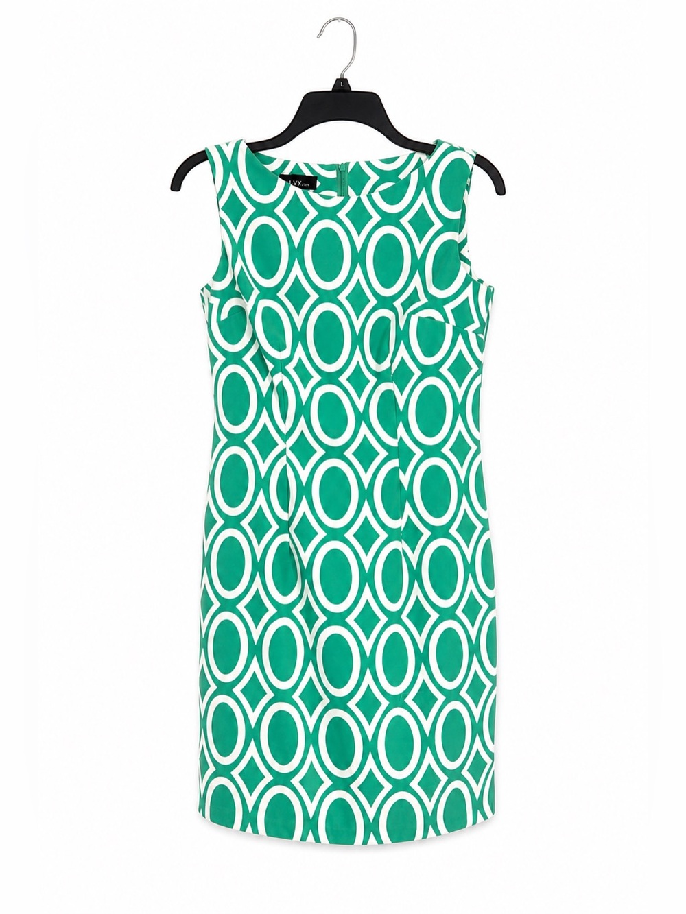 Alyx Sleeveless Sheath Dress – Size 4 – Teal & White Geometric Print
